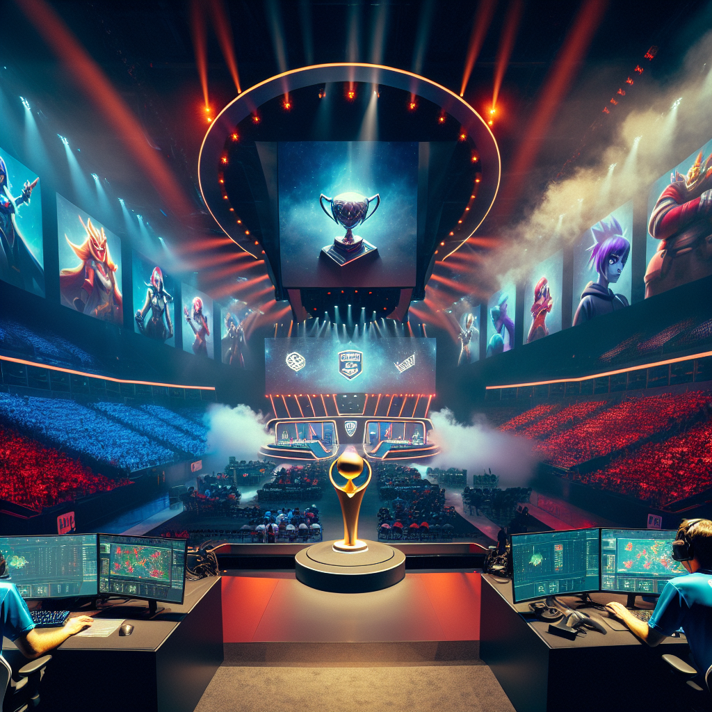 The International Dota 2 arena scene with analysts, charts, and crowd energy